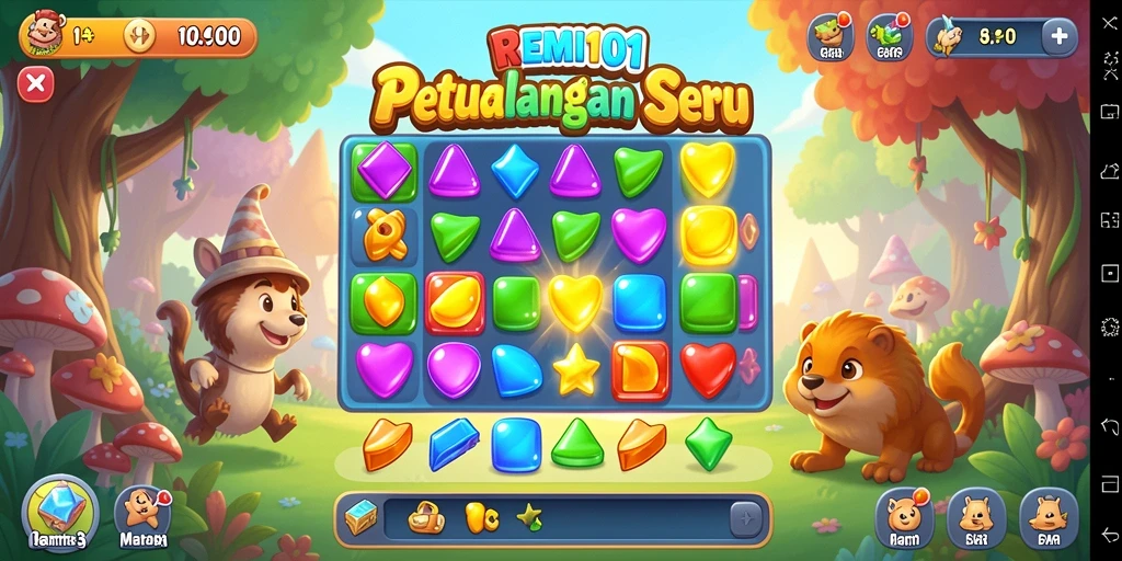Tangkapan layar utama REMI101 menampilkan permainan Match-3 yang seru dan penuh warna.