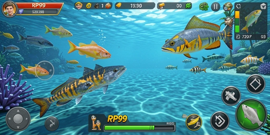 Tampilan gameplay RP99 yang seru dengan aksi tembak ikan.