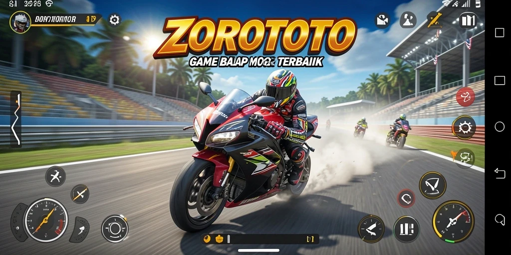 Tampilan dinamis gameplay ZOROTOTO dalam balapan motor.